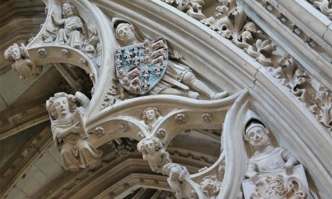 A detail of the intricate stone carving around the canopy of the Percy Tomb.