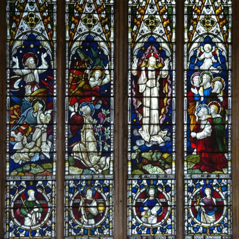 A view of one of the stained glass windows in the nave of Beverley Minster.