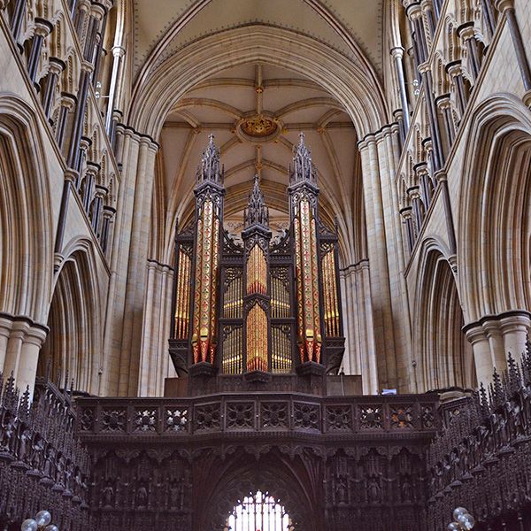 A view looking up at the organ from the choir of Beverley Minster.