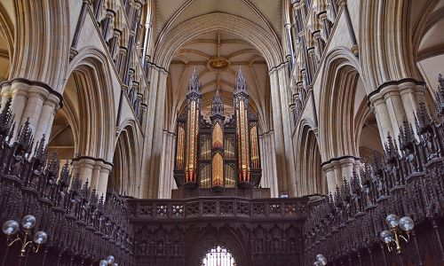 A view looking up at the organ from the choir of Beverley Minster.